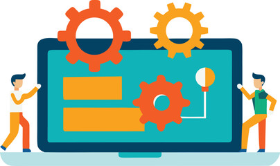 Teamwork and Technology Concept with Laptop and Gears on Transparent Background