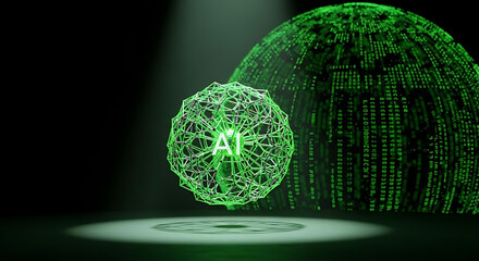 A green ai sphere with a binary code sphere behind it on a dark background under a spotlight