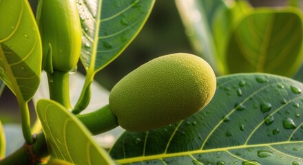 Close-up of a jackfruit growing on a tree with water droplets on the leaves a tropical delight
