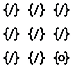Black curly bracket and slash coding icon variations set on white background