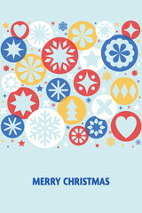 Wall Mural - Christmas greeting card with decoration in geometric style. Christmas ball and snowflakes. Vector illustration