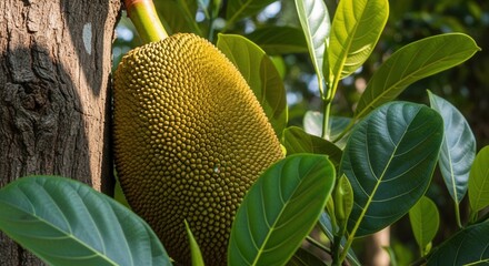 Close-up of a ripening jackfruit on a tree, showcasing its unique texture and tropical nature