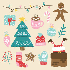 Wall Mural - Colourful Christmas element set. Festive tree, ball, present, sock, cookie, cup, hat, sweater, gloves. Vector illustration