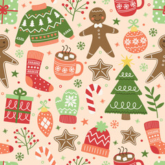 Wall Mural - Christmas seamless pattern with hand drawn elements. Vector illustration