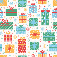 Wall Mural - Colourful hand drawn presents background. Christmas seamless texture. Banner. Vector illustration