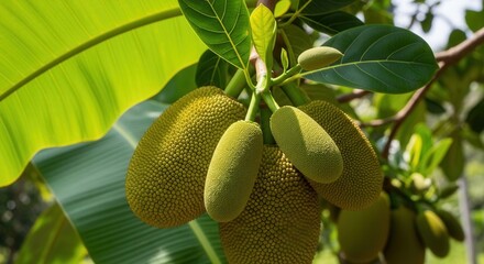 Close-up of jackfruits hanging from a tree with lush green leaves in tropical sunlight