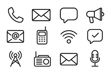 Simple communication icons set with black linear style for digital and print design projects