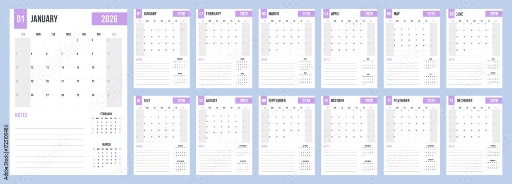 Minimalist Calendar 2026 set of template monthly vertical pages. Week ...