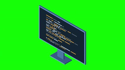 Isometric monitor animation. Software programming coding concept. Code on computer monitor. Isometric technology. 4K video animated in isometric style