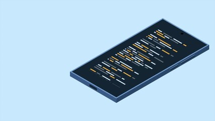 Isometric smartphone animation. Program code on smartphone screen. Isometric technology. 4K video animated in isometric style