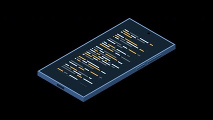 Isometric smartphone animation. Program code on smartphone screen. Isometric technology. Transparent background with alpha channel
