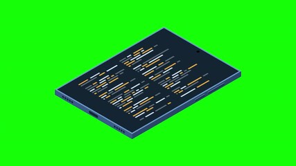 Isometric tablet animation. Program code on tablet screen. Isometric technology. 4K video animated in isometric style