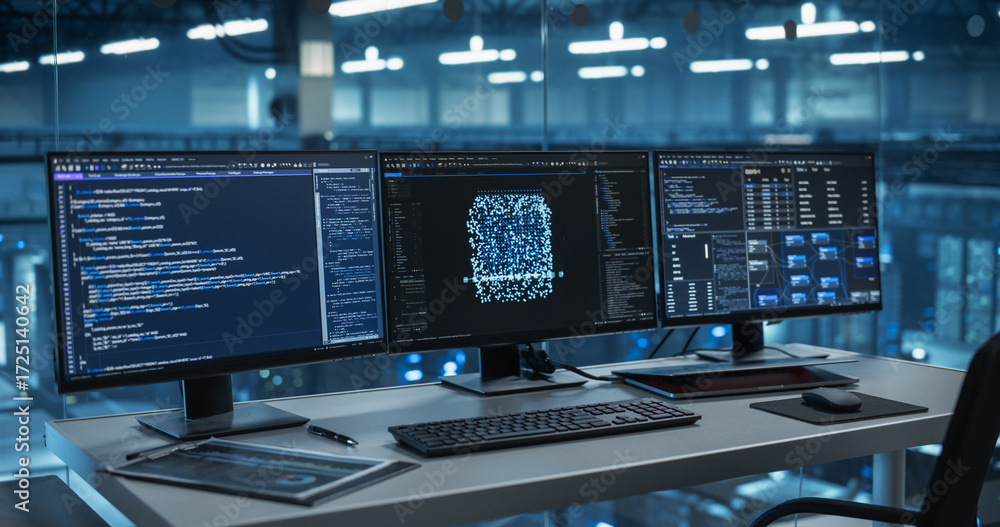 Modern Office Desk in a Data Center, Equipped with Multiple Monitors ...