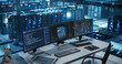 © Gorodenkoff - Modern Office Desk in a Data Center, Equipped with Multiple Monitors Displaying Complex AI Code and Data Visualizations, Ready for a Team of Developers to Dive In. Footage Without People