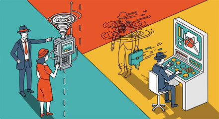 Illustration of information breach, revealing secrets and sensitive data, showing data leak incident. Potential data leak incident shown with man stealing documents from another dimension.