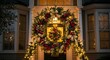 © Andrey - Elegant Christmas wreath with golden bows and warm lights hanging on a classic front door at night.