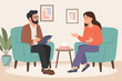 © Oksana - Psychotherapy session - woman talking to psychologist sitting on armchair. Mental health concept., Vector illustration