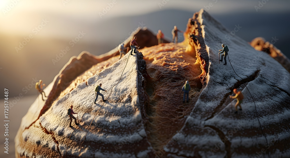 Miniature mountaineers climbing on a giant loaf of artisan bread, an ...