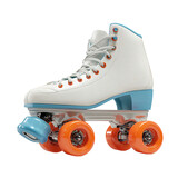 Classic white roller skate with vibrant orange wheels and light blue accents designed for smooth rolling and retro style