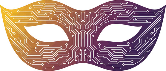 An ornate masquerade mask decorated with a detailed electronic circuit board pattern, with a yellow to purple gradient.