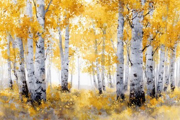 Wall Mural - Watercolor painting forest landscape of birch trees in autumn.	