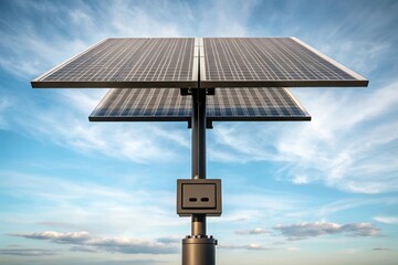 Modern solar panel array mounted on a pole against a cloudy sky