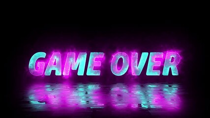 Game over animation in pink and blue flames on black background. Animated Game Over Neon Banner for Live streams, animated stream overlays.	