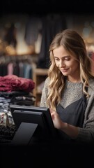 Woman using point of sale terminal in retail store