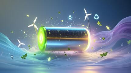 Wall Mural - Abstract renewable energy storage concept showing futuristic glowing battery symbol with digital effects