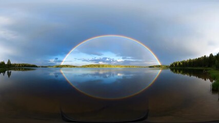 Wall Mural - panoramic view of a serene lake reflecting a full, vibrant rainbow under a dramatic sky rainbow, cin