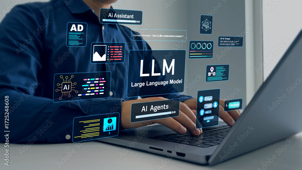 Large language model(LLM) with AI technology.User working on laptop in LLM,Data performrange language tasks,answering questions, summarizing information, translating languages, writing code.