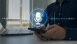 © Mer_Studio - AI assistant voice chat interface.Person interacting through microphone with AI voice chat. Digital communication, speech recognition, and smart technology enabling natural conversation.