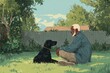 © Popelniushka - Joyful Companion: Black Senior Man Enjoying Weekend Moments with Pet Dog in Serene Backyard