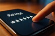© Haseeb - Customer giving five star rating by tapping glowing review interface on smartphone