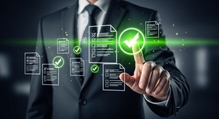 Compliance Confirmation: A polished professional interacts with an array of digital document icons, signifying diligent approval and validation through innovative technology.