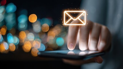 Hand touching email icon on smartphone screen with blurred lights background.