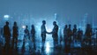 © Stocksy - Two businesspeople shake hands surrounded by blurred figures in a blue toned environment.
