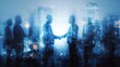 © Stocksy - Business people shaking hands in front of a city skyline blue toned.