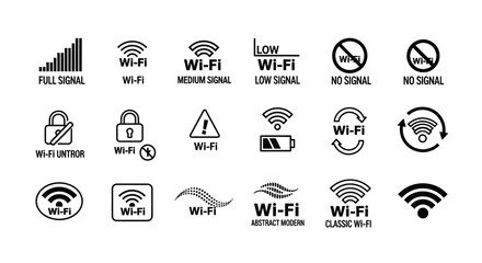 Diverse WiFi signal icons showcasing connection strength and status for modern designs and tech interfaces