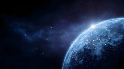 Wall Mural - A luminous Earth globe emerges from darkness illuminated by a bright sunrise and glowing city lights set against a backdrop of stars and nebulae