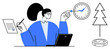 © robu_s - Woman multitasking with laptop, clock, report, pine tree, and coin representing productivity, time management, eco-consciousness, and financial growth. Ideal for office balance ecology economy