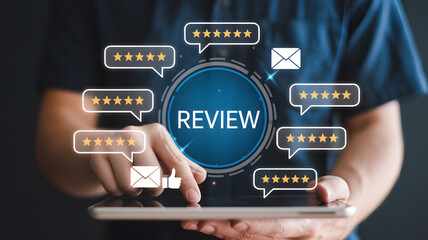 Customer feedback concept with star ratings and positive reviews displayed on a digital interface, signifying satisfaction and excellent service.