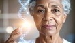 © photostockatinat - An elderly woman gazes intently at a glowing DNA strand, symbolizing genetics, aging, and scientific exploration