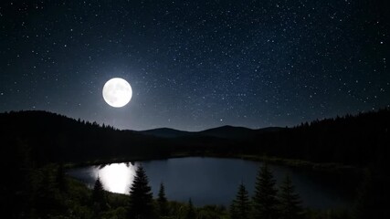 Wall Mural - full moon majestically traversing the starry night sky, illuminating a tranquil natural landscape in
