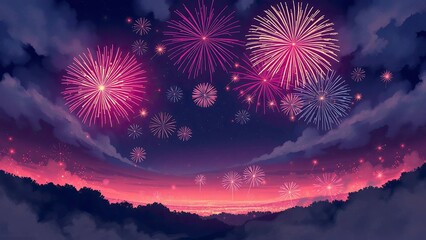 Bright fireworks burst in the sky, casting light over a serene mountain backdrop.