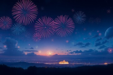 Nighttime cityscape featuring fireworks exploding above, with a bridge outlined against the illuminated skyline.