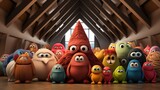 Diverse cartoon monsters gather indoors happily