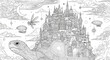 © Aaa - Detailed turtle city coloring page for adults and kids fantasy architecture line art illustration