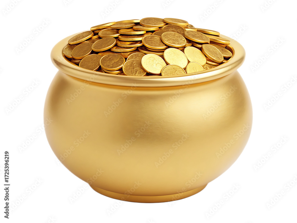 A golden pot overflowing with shiny gold coins against a black isolated background image view