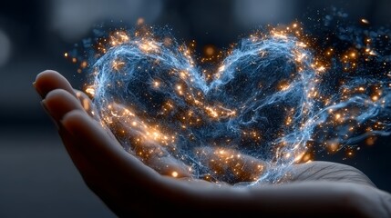 Wall Mural - a celestial heart nebula in golden shards, cradled in hands, symbolizing love and connection